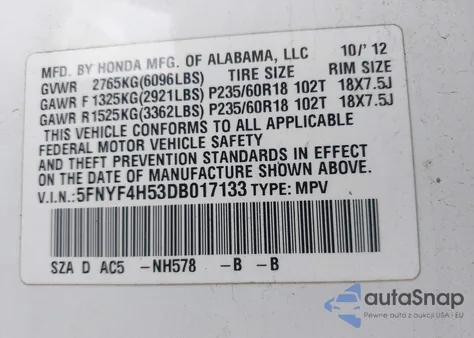 2013 Honda Pilot Exl z USA, uszkodzony, nr VIN 5FNYF4H53DB017133